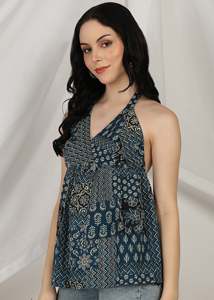 Conjunto de pantalón y kurta informal de manga corta para mujer, de algodón cambray azul estampado, de secado rápido, con protección solar, estilo étnico, para verano. - Product Image 3