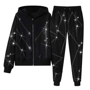 Women Black Hooded Tracksuit Set Full Zip <b>Jacket</b> Jogger Pants Geometric <b>Glitter</b> Print Breathable Polyester Casual Autumn WearOEM - Product Image 2