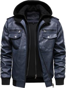 Men's Dark Blue PU <b>Leather</b> Moto <b>Jacket</b> Stand Collar Zipper Front Regular Fit Autumn Style - Product Image 5