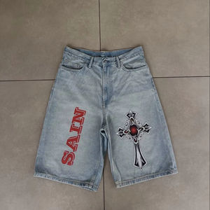 Shorts en jean vintage personnalisés pour hommes, brodés, style streetwear hip-hop, amples et respirants, en polyester/coton, patchwork, vente en gros - Product Image 5