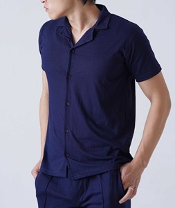 Ensemble de survêtement pour homme, bleu marine, deux pièces, chemise à manches courtes boutonnée + pantalon slim, tenue décontractée - Product Image 3