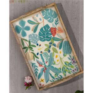 Mango Wood Serving <b>Tray</b> with Resin Art Tropical Leaf Design Eco-Friendly <b>Kitchen</b> Platter for Drinks Snacks & Ottoman Decor <b>Trays</b> - Product Image 1