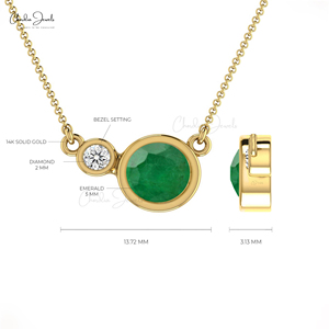 Collar delicado con esmeralda zambiana de 5 mm engastada en bisel, en oro macizo de 14k, con diamantes y doble piedra de nacimiento, de vendedor verificado, lotes al por mayor - Product Image 4