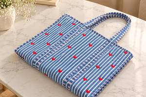 Blue and <b>White</b> Striped Heart Printed Canvas Tote Bag Women Shoulder Shopping Bag - Product Image 3