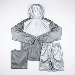 Custom Logo Men's 3 Piece Sportswear Set Grey Windbreaker Hooded Jacket <b>T</b>-shirt and Shorts Lightweight Nylon <b>Track</b> Suit - Product Image 2