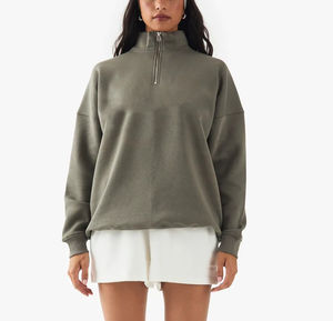 ชุดวอร์มผู้หญิงคุณภาพสูง ผ้าฝ้าย 100% ทรงหลวม ซิป ¼ ตัว เสื้อสเวตเชิ้ตระบายอากาศดี ซิป ¼ ตัว แต่งลูกไม้ โลโก้สั่งทำได้ ตัดเย็บแบบคอนทราสต์ - Product Image 6