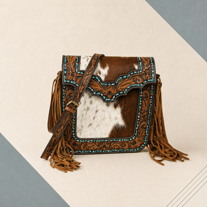 Sac à bandoulière élégant pour femme en cuir avec poils |   Sac à bandoulière en cuir de vache véritable, style western, avec franges, fait main, sac à main rustique et tendance - Product Image 1