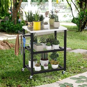 Carrello da Pranzo a 3 Ripiani in Acciaio Inossidabile per Esterni, Tavolo Pieghevole su Ruote - Product Image 1