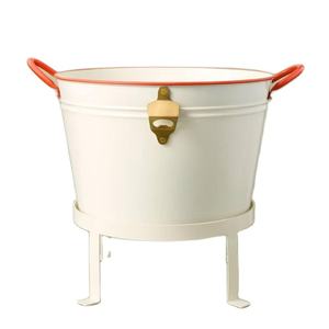 Bac à boissons en métal blanc avec support et ouvre-bouteille, poignées rouges, seau à glace pour boissons, vin, bière, utilisation en extérieur, bac à glace - Product Image 1