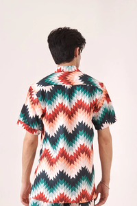 เสื้อเชิ้ตผู้ชายแขนสั้นผ้าฝ้ายผสมพิมพ์ลายซิกแซกทรงเข้ารูปลำลองติดกระดุมสำหรับฤดูร้อนปาร์ตี้สตรีทแวร์แฟชั่นสบายๆ - Product Image 2