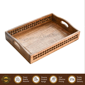 Bandeja rectangular para servir alimentos, tallada a mano, de madera de mango 100% natural, con acabado natural quemado, de fabricante indio. - Product Image 2