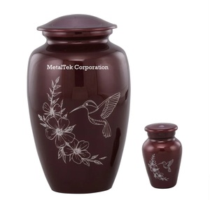 Urnes funéraires artisanales en aluminium bordeaux, gravure élégante d'oiseau colibri, urnes commémoratives durables, pots funéraires décoratifs en métal. - Product Image 2
