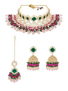 Conjunto de collar y aretes étnicos chapados en oro con diseño de borlas de perlas de imitación y circonita verde para mujeres, joyería de boda. - Product Image 2