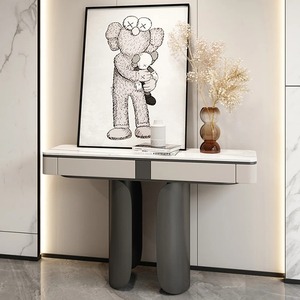 Table console convertible de luxe moderne avec plateau en fer et pieds cylindriques gris foncé, tiroirs de rangement pour entrée et usage hôtelier - Product Image 1