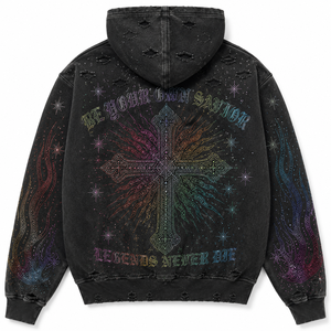 Sudadera con capucha para hombre, de corte holgado y extragrande, con cremallera, de mezclilla con pedrería personalizada, estilo streetwear, desgastada, de peso pesado 450 GSM - Product Image 3