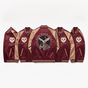 Wholesale Satin Varsity Jacket Brown Cream Sugar Shack Cabin Embroidered Letterman <b>Coat</b> Snap Button Outerwear Direct Factory - Product Image 2