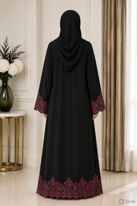 Abaya noire brodée avec manches en dentelle, robe musulmane à fermeture éclair sur le devant, robe islamique pour femmes, style Dubaï - Product Image 2