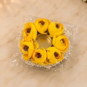 Handmade Round Beaded <b>Tea</b> <b>Light</b> <b>Holder</b> with Yellow Flowers and Pearl Trim for Home Decoration - Product Image 4