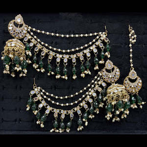 Premium Austrian Stone and <b>Mirror</b> Jhumki <b>with</b> Maangtikka 10575476GR Fashion Jewelry Set - Product Image 1