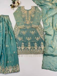 TENNECY New Designer Silk Party Wear <b>Top</b>-Plazzo and Dupatta with Heavy Embroidery Beads Work Reversible Wrinkle-Free - Product Image 4