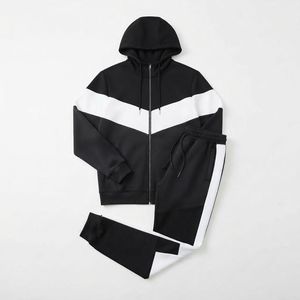 Survêtement unisexe noir et blanc à blocs de couleur, à capuche, manches longues, fermeture éclair, décontracté, pour l'automne, coupe classique, poches latérales - Product Image 1
