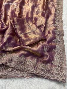 Gorgeous Looking Space Silk with Zari-Thread Embroidered All-Over Stripe Pattern & Leaf border work <b>Saree</b>-<b>Blouse</b> Indian Supplier - Product Image 4