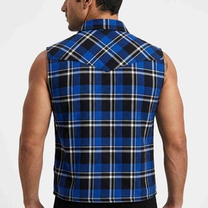 Durable Custom Logo Men Sleeveless <b>Plaid</b> Flannel <b>Shirt</b> Button Down Collar Casual Autumn Wear Blue Black White Pattern <b>Shirts</b> Men - Product Image 2