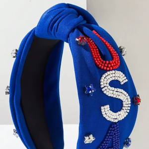 Diadema cómoda hecha a mano con letras de EE. UU. y cuentas, con nudo y cristales azules bordados, accesorio para el cabello para mujeres y niñas, evento nacional - Product Image 1