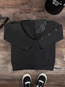 Sudadera con capucha negra con cremallera y pedrería, de forro polar oversize, con estampado de letras, estilo urbano para hombre y unisex - Product Image 3