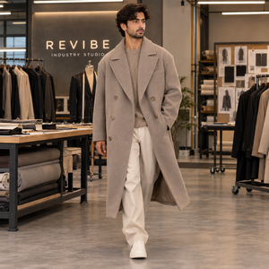 Manteau long de luxe décontracté et formel pour homme en mélange de laine, double boutonnage, couleur taupe pierre, coupe oversize, idéal pour l'hiver – Fabricant - Product Image 1