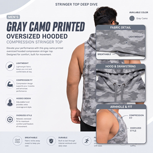 Wholesale Men <b>Camo</b> Hooded Stringer <b>Top</b> Plus Size Gym Tank <b>Top</b> Sports Training Hooded Singlet <b>Top</b> Men Yoga Sleeveless Hoodie - Product Image 5