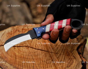 Couteau à lame fixe en acier Damas fait main, pointe Hawk Bill, avec trou pour le pouce, 7,5 pouces, qualité industrielle, manche drapeau USA, pour la chasse et les activités de plein air - Product Image 2
