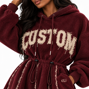 Street Fashion Maroon <b>Sherpa</b> Women's <b>Hoodies</b> Dress OEM Custom Distressed Applique Drawstring Waist Flared Tracksuit Heavy Fleece - Product Image 2