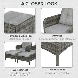 Set di 5 Sedie Lounge in Rattan Grigio per Esterni con Cuscini, Pouf e Tavolo in Vetro - Product Image 6