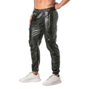 Pantalon de survêtement cargo Kinky pour homme, noir, en cuir, coupe slim, poches utilitaires, imperméable, avec cordon de serrage et taille élastique - Product Image 1