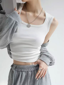 Women Solid Square Collar Tank <b>Top</b> Minimalist Knitted Breathable Sleeveless Crop <b>Top</b> Spandex Cotton Mix - Product Image 6