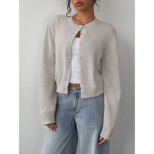 <b>Women's</b> <b>Cropped</b> <b>Cardigan</b> Long Sleeve O-Neck Button Front Knit Sweater Casual Winter Wear 100% Acrylic Flat Knitted - Product Image 3