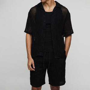 Nouvel ensemble tricoté pour homme été 2025 – Chemise et short décontractés de couleur unie, deux pièces - Product Image 5