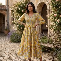 Robe longue maxi sans manches pour femme, 100% coton tissé, imprimé artisanal, col en V vintage, style bohème floral à volants, été automne, naturel