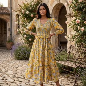 Vestido largo maxi de algodón 100% para mujer, estampado a mano, estilo bohemio floral, con volantes, para verano, venta al por mayor, vestido informal de verano, sostenible - Product Image 2