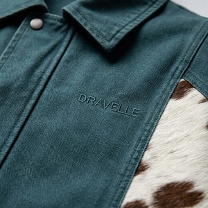 Veste pour homme en denim délavé bleu sarcelle avec patchwork en cuir de vache véritable, col et fermeture éclair, service personnalisé ODM OEM - Product Image 6