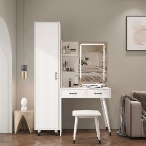 Slim Makeup Vanity <b>Table</b> with LED Mirror and Power Outlets 2 Drawers <b>Tall</b> Armoire Wardrobe Set for Bedroom Dressing - Product Image 1