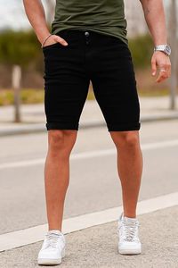 Shorts en jean noir pour homme, taille mi-haute, coupe droite, en coton, décontracté, respirant, tissu tissé, avec fermeture boutonnée - Product Image 3