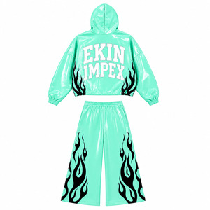 Conjunto Deportivo Personalizado con Logotipo, Verde Menta, Cuero PU Transpirable e Impermeable, Sudadera Holgada para Hombre, Pantalones Anchos, Ropa Urbana de Dos Piezas - Product Image 4