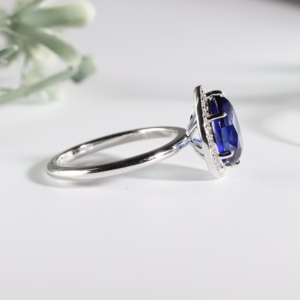 Anillo de compromiso vintage de oro blanco con diamante de corte pera azul real cultivado en laboratorio, clásico solitario con halo en forma de lágrima, banda de boda, regalo para fiesta - Product Image 2