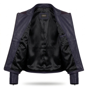 Womens Navy Blue Burgundy Two Tone Real Leather Biker Motorcycle Jacket Asymmetric Zip <b>Stand</b> Collar <b>Slim</b> Fit <b>Coat</b> - Product Image 5
