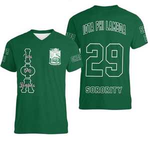 Iota Phi Lambda Custom V Neck T Shirt Emerald Green Sorority Tee Chapter Number Back Print Personalized Style Womens Fit Gift - Product Image 3