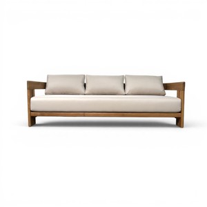 Sofá de Madera de Teca Sólida Indonesiana Hecho a Mano, Sofá de 3 Plazas para Exteriores, Muebles Modernos para Patio con Cojines Color Crema para Hoteles y Villas - Product Image 5