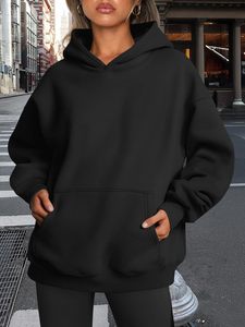 Sweat à capuche oversize en polaire pour femme, noir uni, coupe classique, manches longues, décontracté, hiver, avec badge sur le devant - Product Image 3