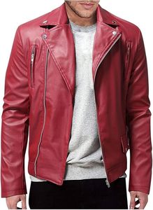 Chaqueta de Motociclista Impermeable de Cuero de Oveja Roja para Hombre, Cuello Camisero, Cierre de Cremallera, Corte Ajustado, Manga Regular, Ropa de Invierno - Product Image 4